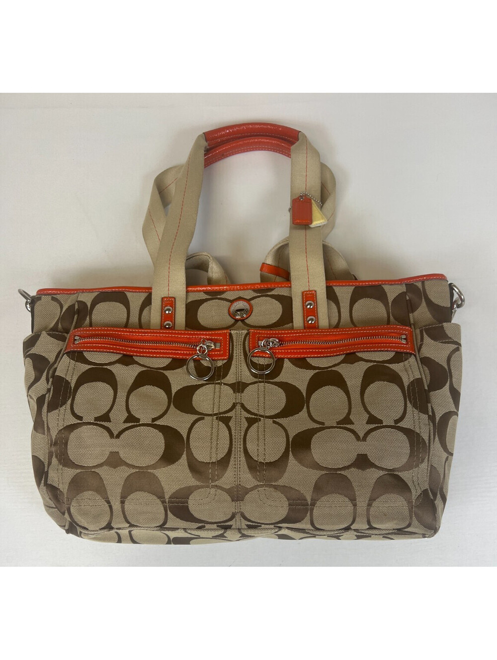Coach F14871 Signature Multi-Pocket Tote Bag Khaki Brown & Orange Patent Leather